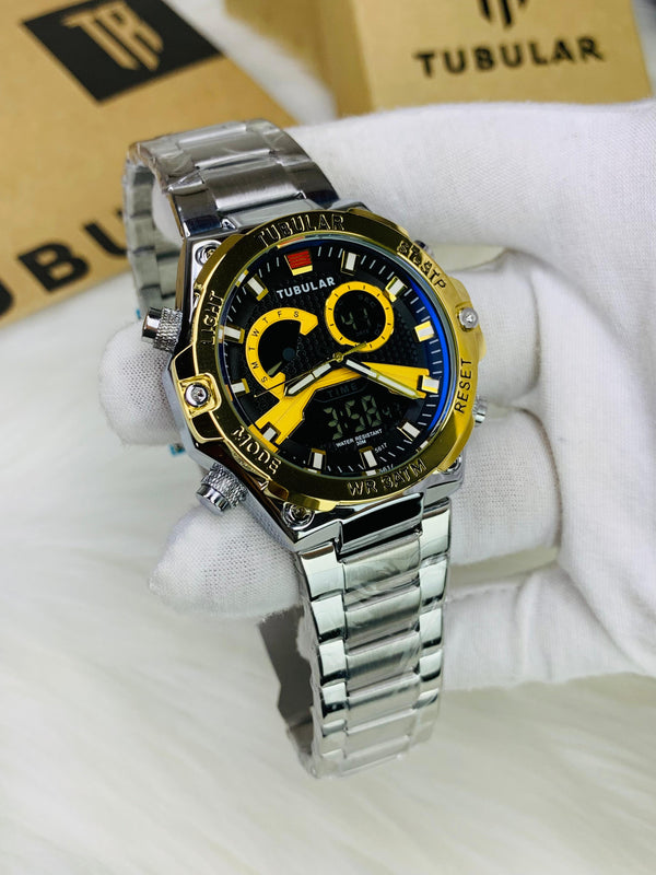 Tubular Dual Time Sports Watch for Men – Stainless Steel Strap, Day-Date-Month Display, With Original Box - UZIXO