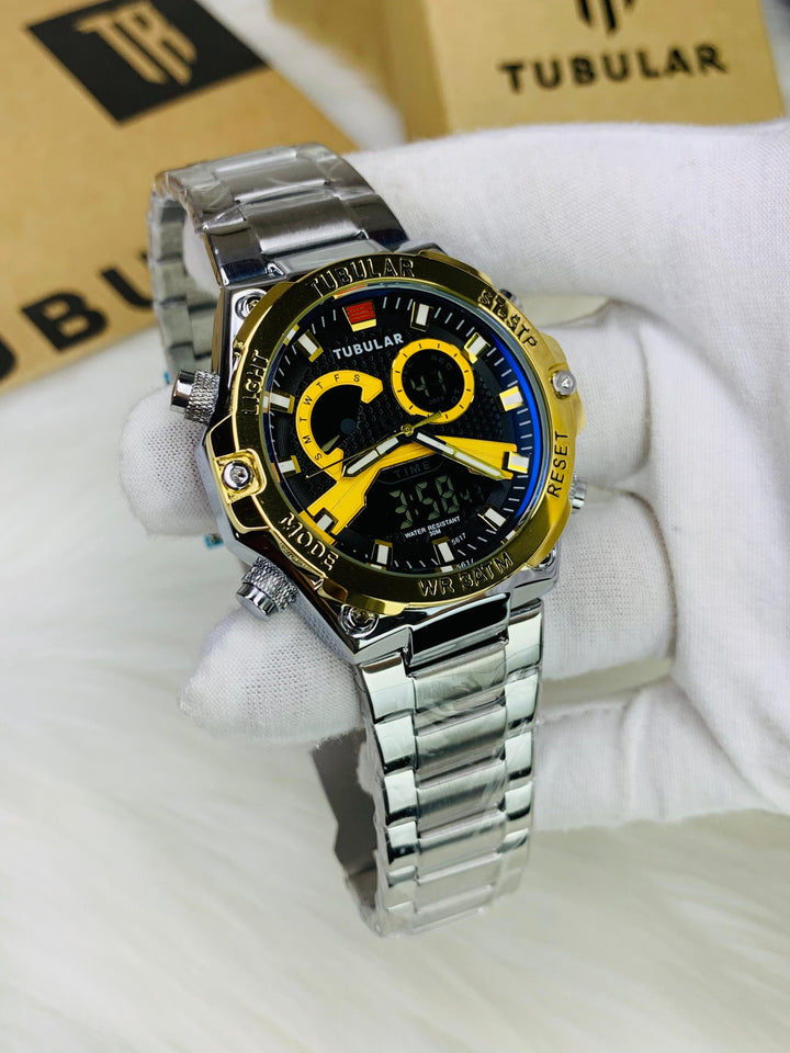 Tubular Dual Time Sports Watch for Men – Stainless Steel Strap, Day-Date-Month Display, With Original Box - UZIXO