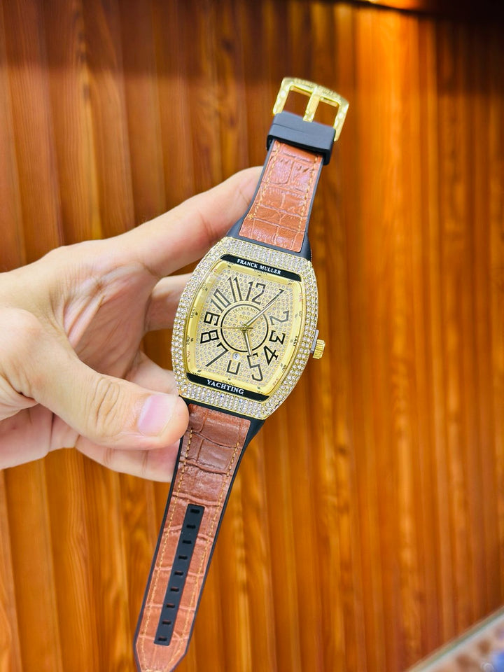 Franck Muller Full Stone Luxury Watch – Date Function, Premium Leather Strap, Multiple Colors - UZIXO