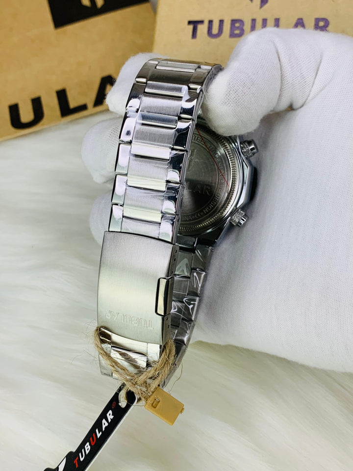Tubular Dual Time Sports Watch for Men – Stainless Steel Strap, Day-Date-Month Display, With Original Box - UZIXO