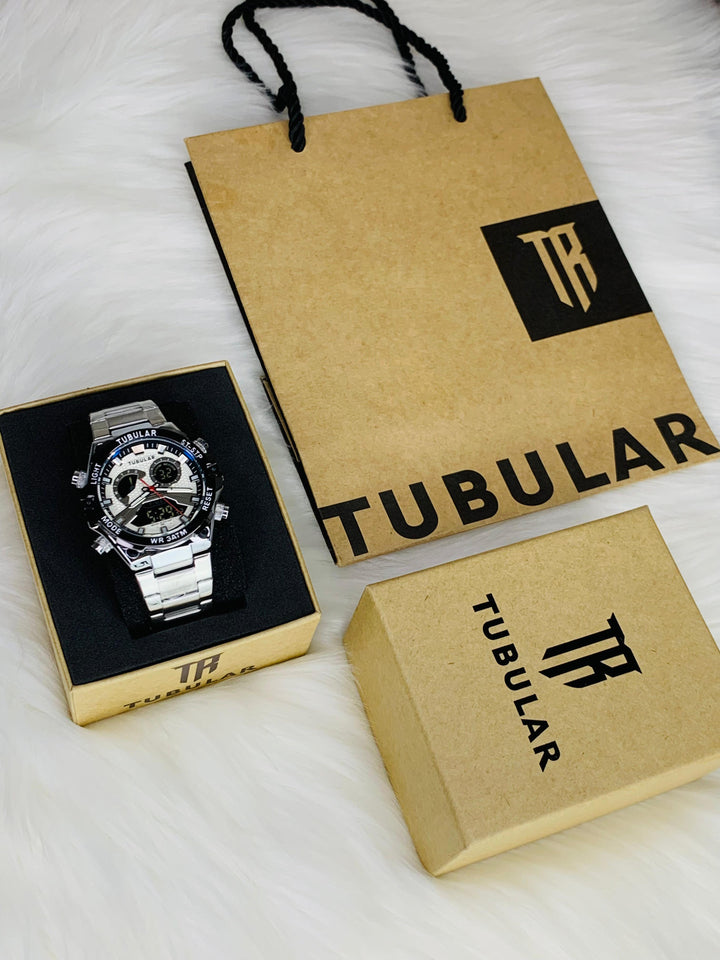 Tubular Dual Time Sports Watch for Men – Stainless Steel Strap, Day-Date-Month Display, With Original Box - UZIXO
