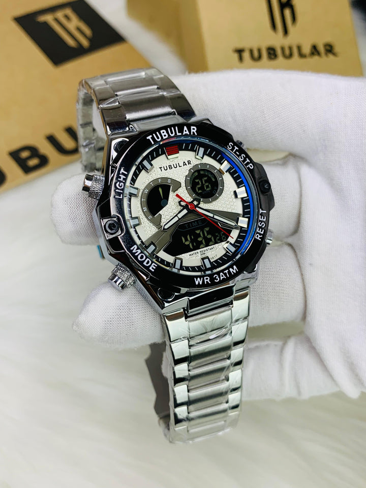 Tubular Dual Time Sports Watch for Men – Stainless Steel Strap, Day-Date-Month Display, With Original Box - UZIXO