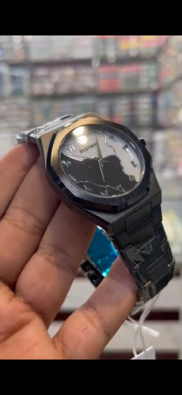 Arabic Aura Men’s Watch – Black Stainless Steel, Dual-Tone Dial, Modern Islamic Design - UZIXO